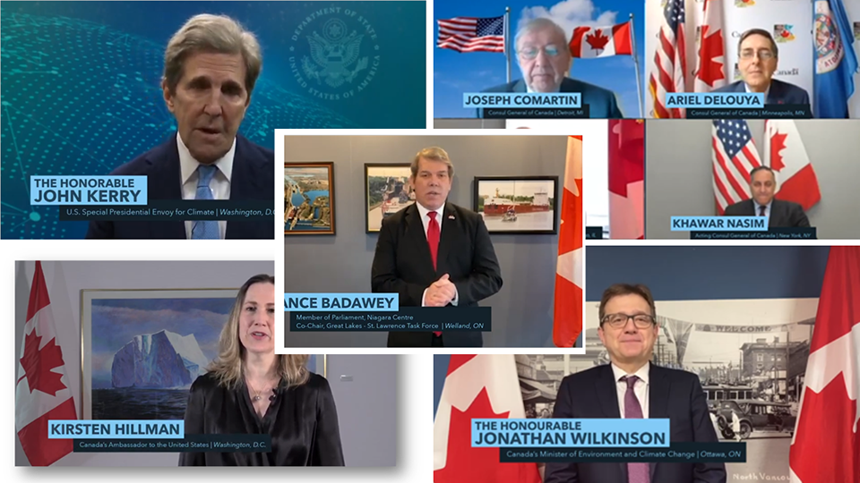 Screenshot of a Zoom meeting including a number of Canadian and American politicians